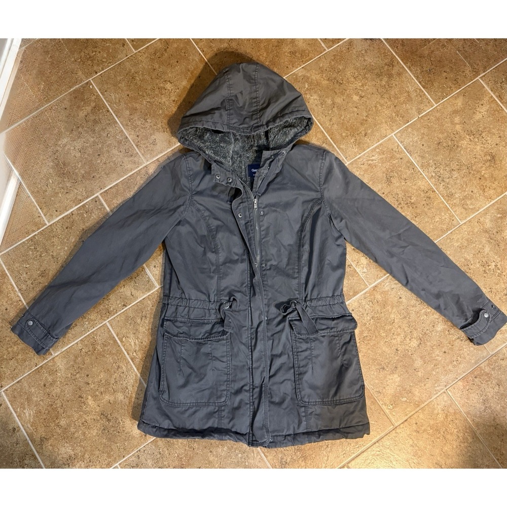 Gap Women's Jacket Grey Size Small With Pockets Hood Faux Fur Lined Zip/button